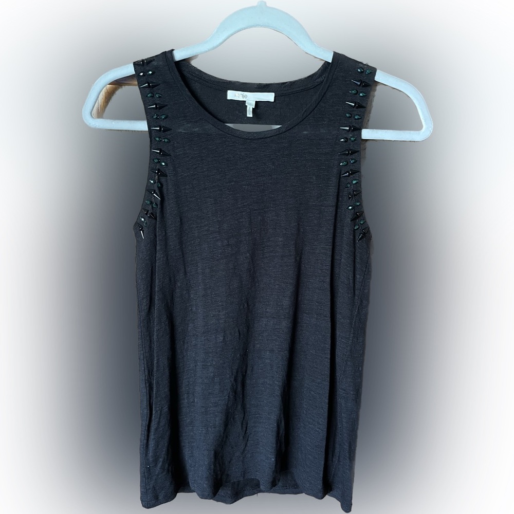 Maje Black Sleeveless Embellished 100% Linen Tank Top Size 1 (US Small)